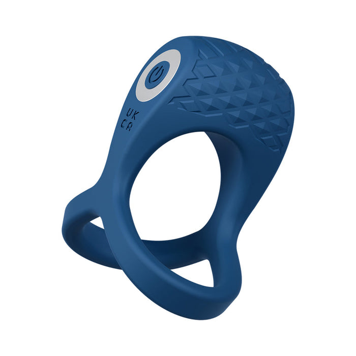 The Dual Flex Pro Vibrating Silicone Couples' Ring with Ball Strap is a blue, compact ring featuring a textured surface, power button, certification markings, and ergonomic dual-ring design for enhanced adult use.