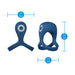 Two blue Dual Flex Pro Vibrating Silicone Couples' Rings with Ball Strap are shown from front and side views. Each features a power button and measures 2.5 in/6.5 cm wide, 3.1 in/8 cm tall, with a 1.7 in/4.5 cm diameter.