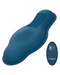 An image of a blue, contoured massager with a textured surface for stimulation. The Dual Rider Remote Control Bump & Grind Humping Vibrator has a smooth, ergonomic design. Next to it is a small, rounded remote with brand text "CalExotics" and a circular button.