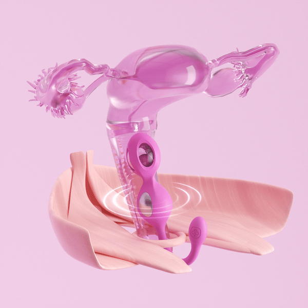 A digitally rendered image displays the Elektra App-Controlled E-Stim Kegel Training Set for Pelvic Floor—a purple exerciser placed in a transparent pink uterus illustration above a stylized pelvic floor, with vibration lines and a light pink background.