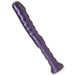 The Echo Long Handled 11 Inch Textured Purple Silicone Dildo, featuring a wavy design and flared base, is displayed against a white background.