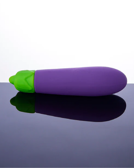 Eggplant Emojibator Vibrator laying horizontal with blue and white background 