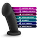 The Elvira Short Thick Smooth 6 Inch Suction Cup Dildo in Black Silicone stands upright, with labels showing it's lab-certified body safe, fragrance & paraffin free, latex & phthalate free, platinum cured silicone, satin smooth, flexible, and great for G-spot/internal stimulation.