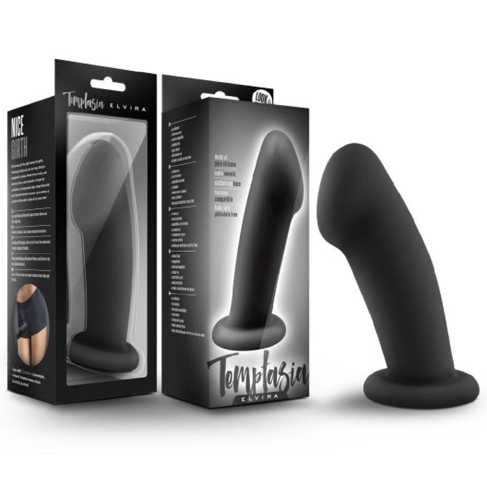 The Elvira Short Thick Smooth 6 Inch Suction Cup Dildo in Black Silicone, featuring a girthy flexible shaft and flared base for internal stimulation, is shown beside its packaging with product images, branding, and descriptions.