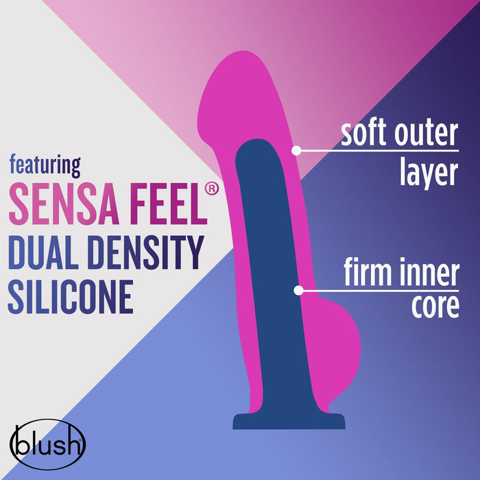 Labeled diagram of the Ergo Semi-Realistic 7.5 Inch Blue Silicone Suction Cup Dildo highlighting a soft outer layer, firm inner core, "featuring SENSA FEEL dual density platinum silicone," and a "blush" logo in the corner.