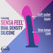 Labeled diagram of the Ergo Semi-Realistic 7.5 Inch Blue Silicone Suction Cup Dildo highlighting a soft outer layer, firm inner core, "featuring SENSA FEEL dual density platinum silicone," and a "blush" logo in the corner.
