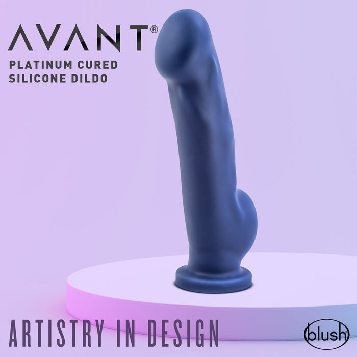 A blue Ergo Semi-Realistic 7.5 Inch Silicone Suction Cup Dildo stands upright on a white round platform against a purple gradient background. Text reads "Ergo Blue Silicone Dildo," "Artistry in Design," and "blush.