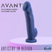 A blue Ergo Semi-Realistic 7.5 Inch Silicone Suction Cup Dildo stands upright on a white round platform against a purple gradient background. Text reads "Ergo Blue Silicone Dildo," "Artistry in Design," and "blush.