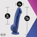 The Ergo Semi-Realistic 7.5 Inch Blue Silicone Suction Cup Dildo stands upright with a platinum silicone finish. It measures 7.5" total, 6" insertable, and 1.5" wide, shown against a gray background with pink and blue sections and the Blush logo.