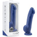 The Ergo Semi-Realistic 7.5 Inch Blue Silicone Suction Cup Dildo is shown beside its packaging, featuring the Avant brand. Made from platinum silicone with dual-density design, it has a realistic shape for G-spot or prostate pleasure.