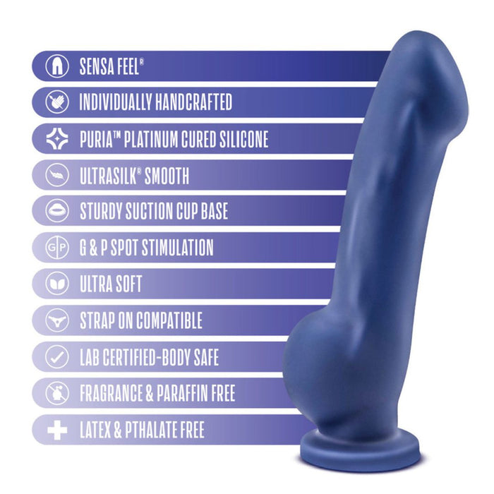The Ergo Semi-Realistic 7.5 Inch Blue Silicone Suction Cup Dildo is handcrafted from platinum silicone, body-safe, latex and phthalate-free, fragrance-free, with a smooth surface, ultra soft feel, and a suction cup base for versatile use.