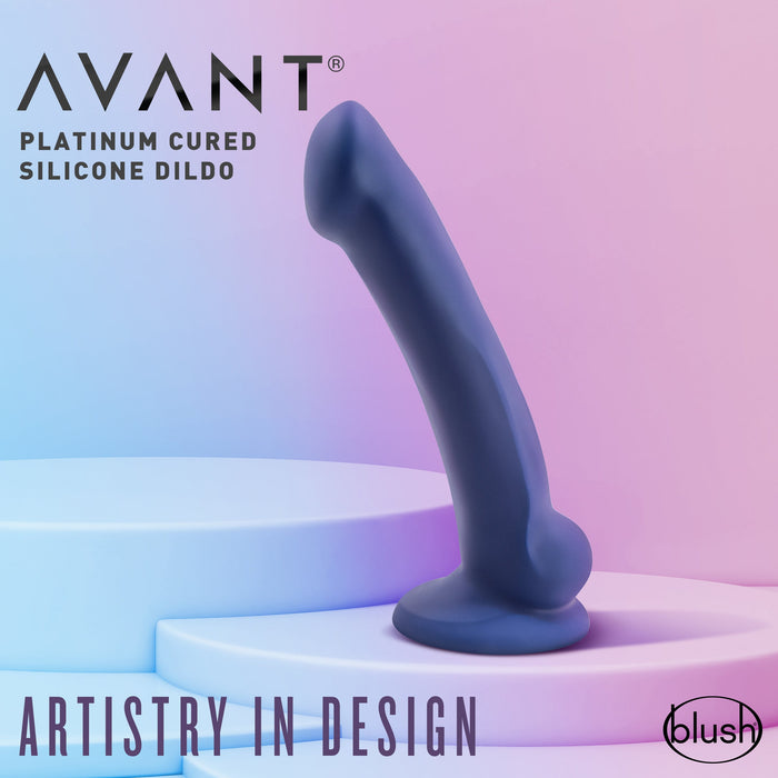 A blue Ergo Semi-Realistic 7.5 Inch Silicone Suction Cup Dildo stands upright on pastel platforms. The text reads, “Artistry in Design.” The brand “blush” is displayed in the lower right corner.