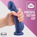 A hand firmly grips the Ergo Semi-Realistic 7.5 Inch Blue Silicone Suction Cup Dildo; “POWERFUL SUCTION CUP” appears beside a suction cup icon, with the Blush logo in the corner.