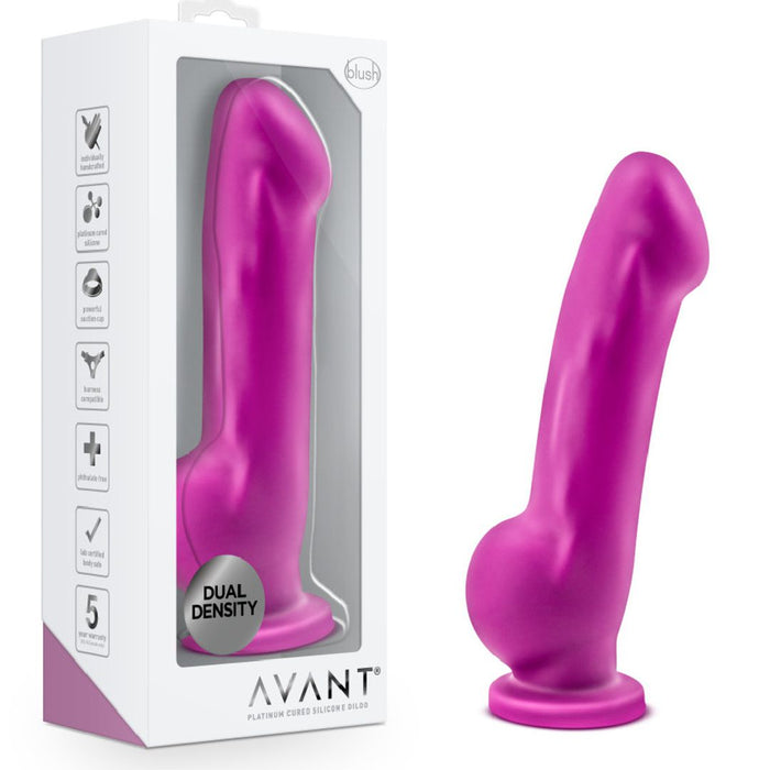 A purple, semi-realistic 7.5-inch silicone suction cup dildo called the Ergo sits beside its packaging, which highlights "dual density" material and AVANT branding—ideal for comfortable prostate stimulation.