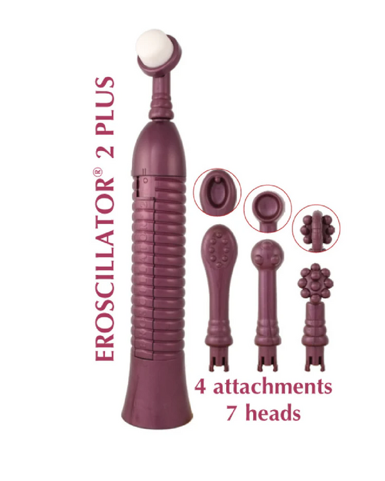 Image of a burgundy Eroscillator® 2 Plus sexual stimulator with four interchangeable attachments displayed next to it, each featuring different head designs for varied uses.