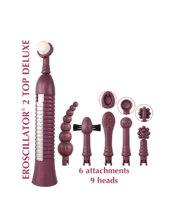 A dark red Eroscillator 2 Plus Top Deluxe Combo with six different attachments and nine heads displayed around the main device, highlighting the various shapes and functionalities of this powerful sexual stimulator.