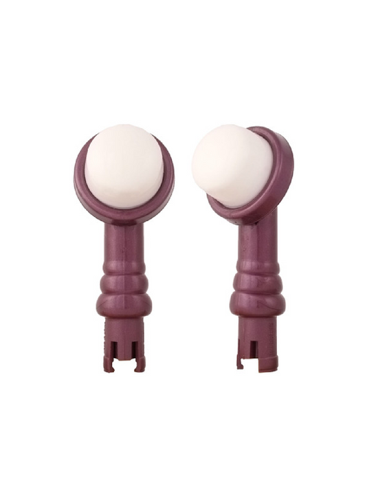 Two purple and white maracas isolated on a white background. The instruments have round heads with white tops, resembling an Eroscillator 2 Plus, and ribbed handles from Eroscillator.
