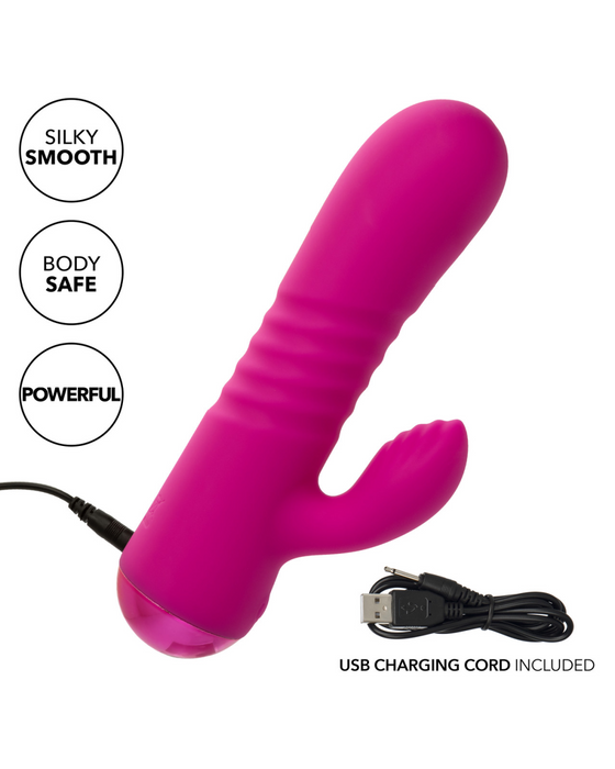 Thicc Chubby Hunny Textured Rabbit Vibrator with cable and graphics showing features 