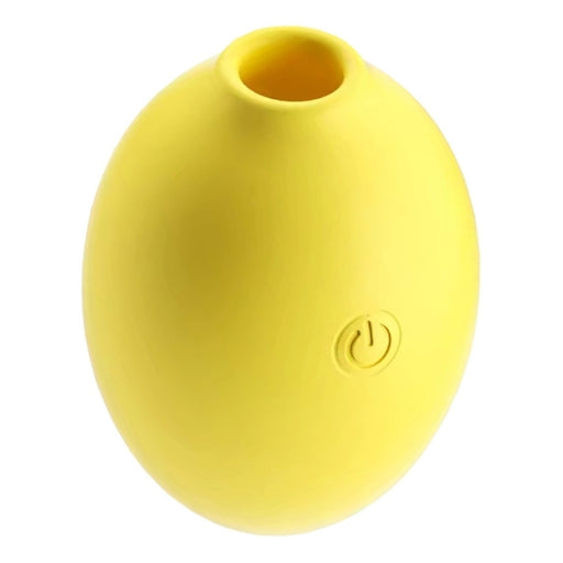 The Lemon Powerful Clitoral Vibrator is a compact, yellow, oval silicone device with a top circular opening and power button symbol, featuring air pulse technology for clitoral pleasure—perfectly travel-friendly.