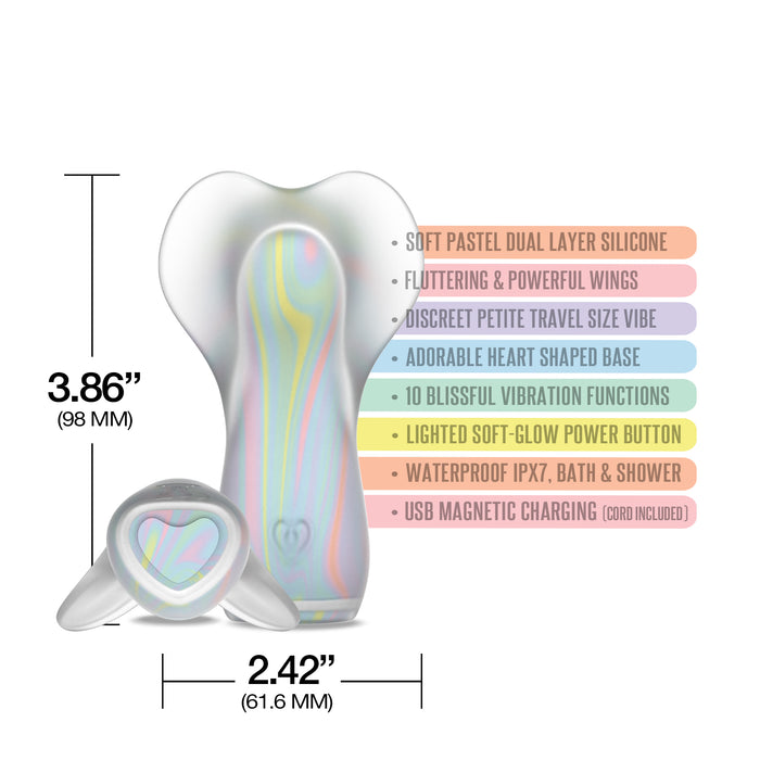 The Fancy Flutter Squishy Waterproof Silicone Vibrator is a heart-shaped, pastel silicone toy with rainbow swirls, powerful vibrating wings, waterproof design, USB magnetic charging, and measures 3.86" tall by 2.42" wide.