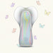 The Fancy Flutter Squishy Waterproof Silicone Vibrator, featuring a pastel design and ergonomic, translucent butterfly top, is centered on a light background with softly colored butterflies fluttering around it.