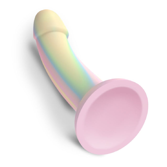 The Fantasia Smooth 7 inch Glow in the Dark Silicone Dildo with Suction Cup, featuring pastel colors, a curved shape, and a flared base, is shown on a white background.
