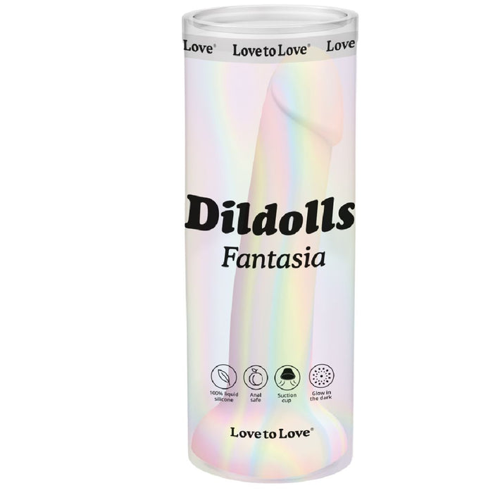 The Fantasia Smooth 7" Glow in the Dark Silicone Dildo features a cylindrical, iridescent package with a dildo silhouette and icons for liquid silicone, anal-safe use, suction cup, and skin-like feel—perfect for pegging or prostate pleasure.