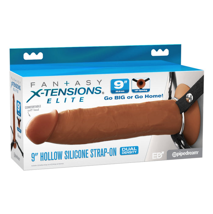 Packaging for the Fantasy X-Tensions Elite Hollow 9 Inch Silicone Dildo & Strap-On Harness - Chocolate features blue and white colors, a realistic brown dildo, and an adjustable harness—perfect as a hollow strap-on for ED with dual density comfort.