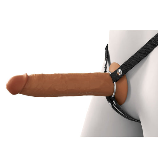 The Fantasy X-Tensions Elite Hollow 9 Inch Silicone Dildo & Strap-On Harness - Chocolate features a realistic brown dual-density silicone dildo attached to a secure black harness for the waist and upper thighs.