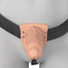 The Fantasy X-Tensions Elite Vibrating Hollow 6 Inch Silicone Dildo & Strap-On Harness - Vanilla is shown on a gray mannequin, featuring black adjustable waist and leg straps with a realistic vanilla-colored dildo.