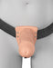 The Fantasy X-Tensions Elite Vibrating Hollow 7 Inch Silicone Dildo & Strap-On Harness - Vanilla is worn around the waist, featuring a realistic vanilla-tone dildo attached to a harness, displayed from lower torso to upper thighs.