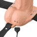 The Fantasy X-Tensions Elite Vibrating Hollow 7 Inch Silicone Dildo & Strap-On Harness - Vanilla, featuring a realistic vanilla tone, black straps, and a corded control, is displayed against a white background.
