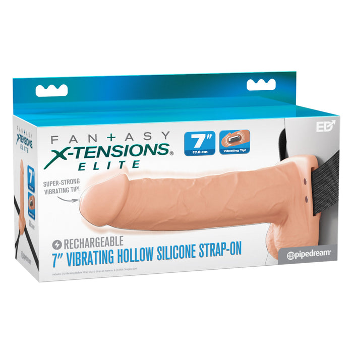 A retail box for the Fantasy X-Tensions Elite Vibrating Hollow 7 Inch Silicone Dildo & Strap-On Harness - Vanilla, featuring product images, brand logo, and highlights like vibration, rechargeable battery, adjustable strap, and realistic sleeve design.