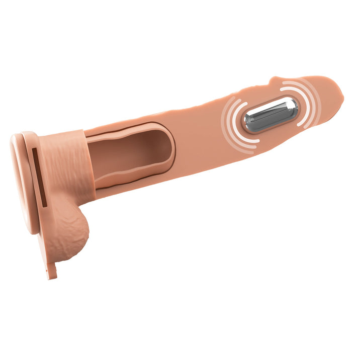 A side view of the Fantasy X-Tensions Elite Vibrating Hollow 8 Inch Silicone Dildo & Strap-On Harness - Vanilla, showing its realistic design, internal slot, and vibrating capsule visible inside with motion lines.