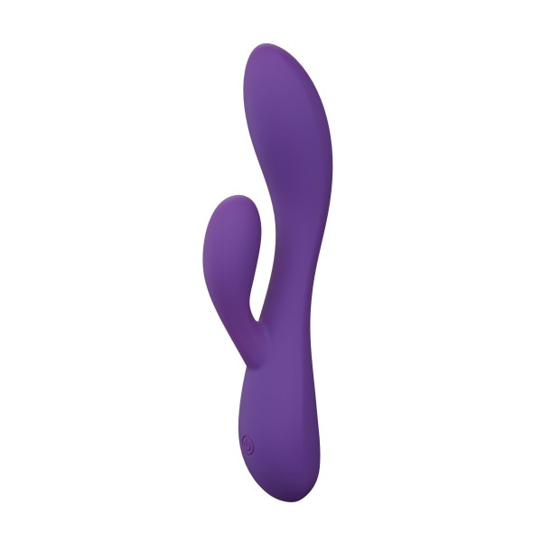 The Fever Dream Beginner G-Spot Rabbit Vibrator is a purple silicone toy with a curved main shaft and angled extension for G-spot and external stimulation. It’s beginner-friendly, features a smooth surface, and has a visible power button at the base.
