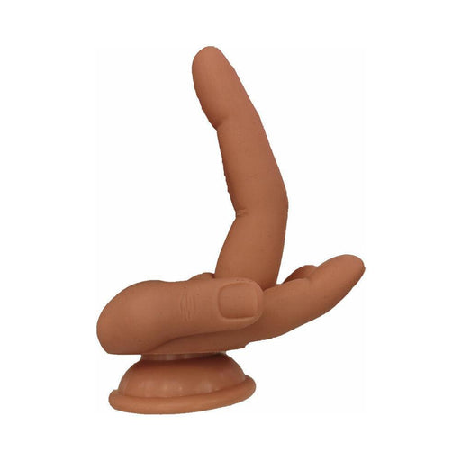 The Finger Fest Double Up Fingering Dildo is a silicone toy shaped like a realistic hand with an upward-pointing index finger and outstretched thumb, featuring a suction cup base and harness compatibility for versatile play.