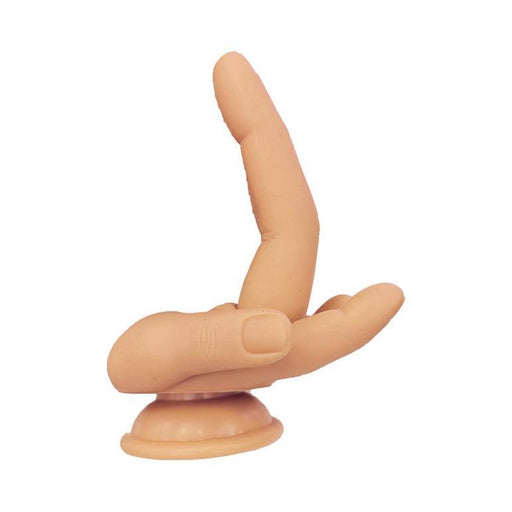 The Finger Fest Double Up Fingering Dildo is a silicone hand-shaped dildo with partially curled fingers, mounted on a suction cup base and shown against a white background.