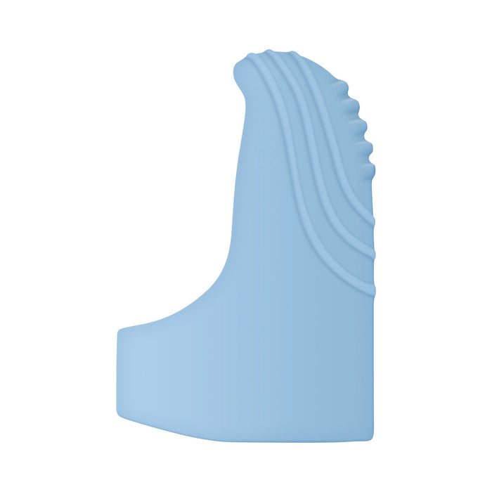 The Fingerlicious Rechargeable Silicone Fingering Vibrator is a light blue, L-shaped toy with a smooth surface and textured grooves along the upright edge for clitoral stimulation, displayed against a plain white background.
