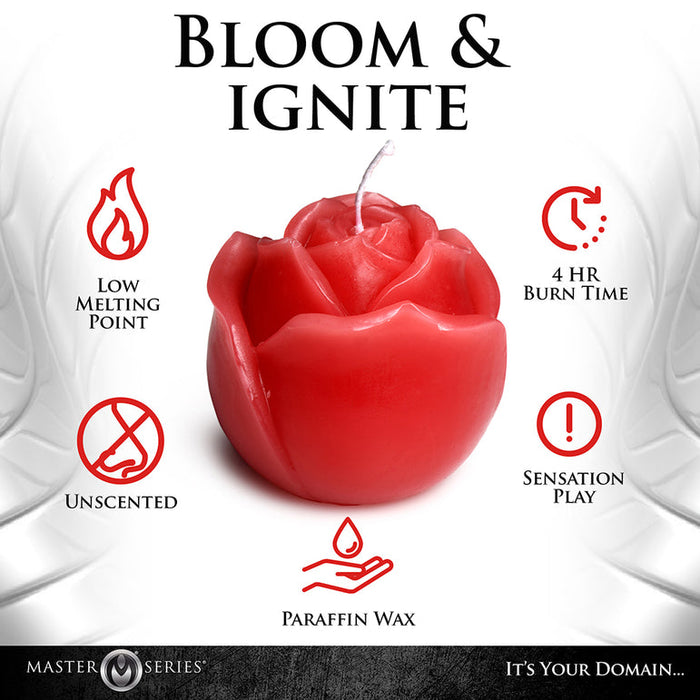 The Flaming Rose Drip Candle, shaped like a red rose, takes center stage with icons for its low melting point, 4-hour burn time, paraffin wax construction, and wax play suitability—ideal for unscented candle exploration and erotic experiences.