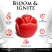 The Flaming Rose Drip Candle, shaped like a red rose, takes center stage with icons for its low melting point, 4-hour burn time, paraffin wax construction, and wax play suitability—ideal for unscented candle exploration and erotic experiences.