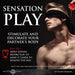 A blindfolded person tilts their head back as Flaming Rose Drip Candle wax drips onto bare skin. For erotic wax play, use unscented candles and apply lotion beforehand for easier wax removal and heightened sensations.