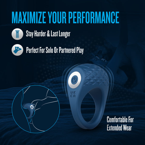 The Flex Pro Vibrating Silicone Couples' Ring in blue is shown with a power button, featuring “Maximize Your Performance,” “Stay Harder & Last Longer,” “Firmer Erections,” and “Comfortable For Extended Wear.”.