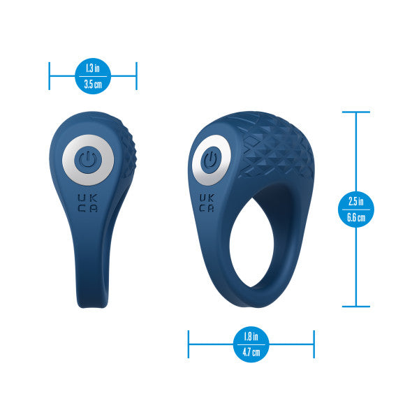 The Flex Pro Vibrating Silicone Couples' Ring is shown from two angles with measurements: 1.3 in (3.5 cm) wide, 1.8 in (4.7 cm) diameter, and 2.5 in (6.6 cm) tall. Features a textured surface and power button for enhanced performance.