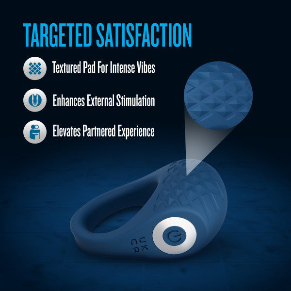 The Flex Pro Vibrating Silicone Couples' Ring, shown in blue, features a textured pad for intense vibes, enhances external stimulation, and elevates partnered experience. Made from body-safe silicone.