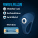 Dark blue graphic shows the Flex Pro Vibrating Silicone Couples' Ring, made of body-safe silicone with a power button. Features: 10 vibration modes, boosts stamina & endurance, super soft & stretchy fit, perfect for all sizes with stretching illustration.