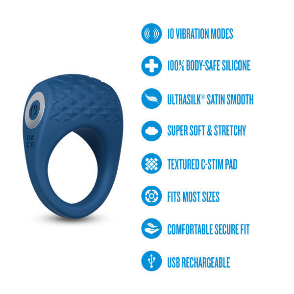 The Flex Pro Vibrating Silicone Couples' Ring is blue, USB rechargeable, body-safe silicone with 10 vibration modes, a power button, stretchy textured pad, ultrasilk satin finish, stamina-boost effect, and a secure fit for most sizes.