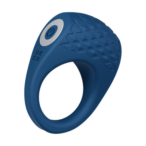 The Flex Pro Vibrating Silicone Couples' Ring is a blue silicone ring with a textured surface and top power button, designed for intimate pleasure and to help support firmer erections.