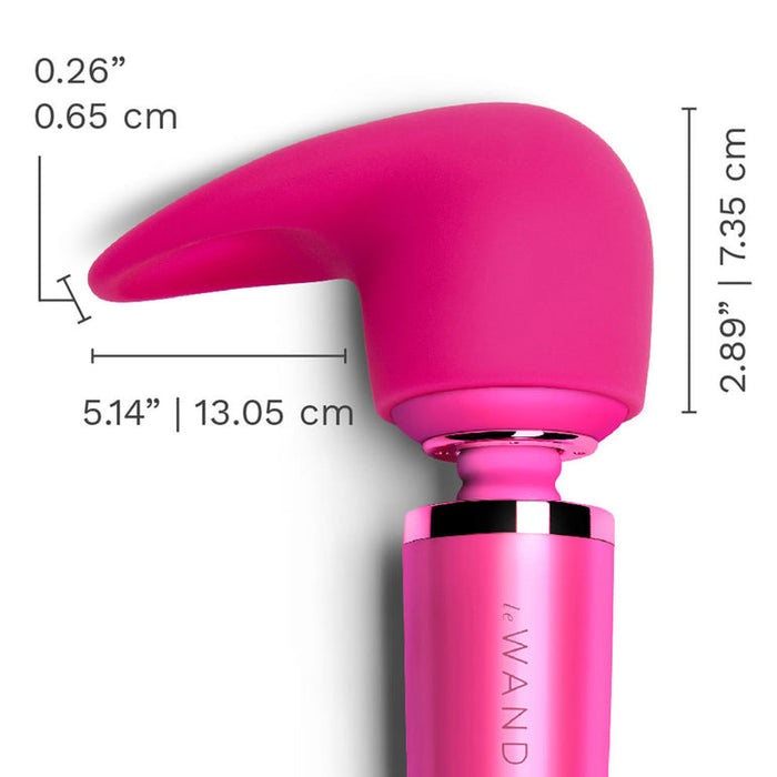 The Flick Oral Sex Simulating Flexible Silicone Wand Attachment features a pink, curved bulbous tip for tongue-like, clitoral stimulation. Dimensions: 0.26" thick tip, 5.14" long, and 2.89" tall. Crafted from flexible silicone.
