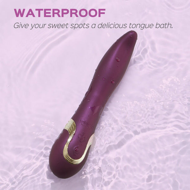 The Fling Powerful Licking Vibrator with App Control, featuring gold accents and a waterproof purple design, is partially submerged in rippling water. Text above reads: “WATERPROOF. Give your sweet spots a delicious tongue bath.”.