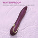The Fling Powerful Licking Vibrator with App Control, featuring gold accents and a waterproof purple design, is partially submerged in rippling water. Text above reads: “WATERPROOF. Give your sweet spots a delicious tongue bath.”.